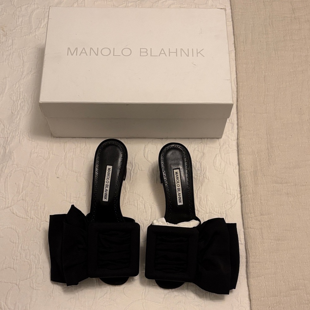 Manolo Blahnik Black Satin Bow Mules